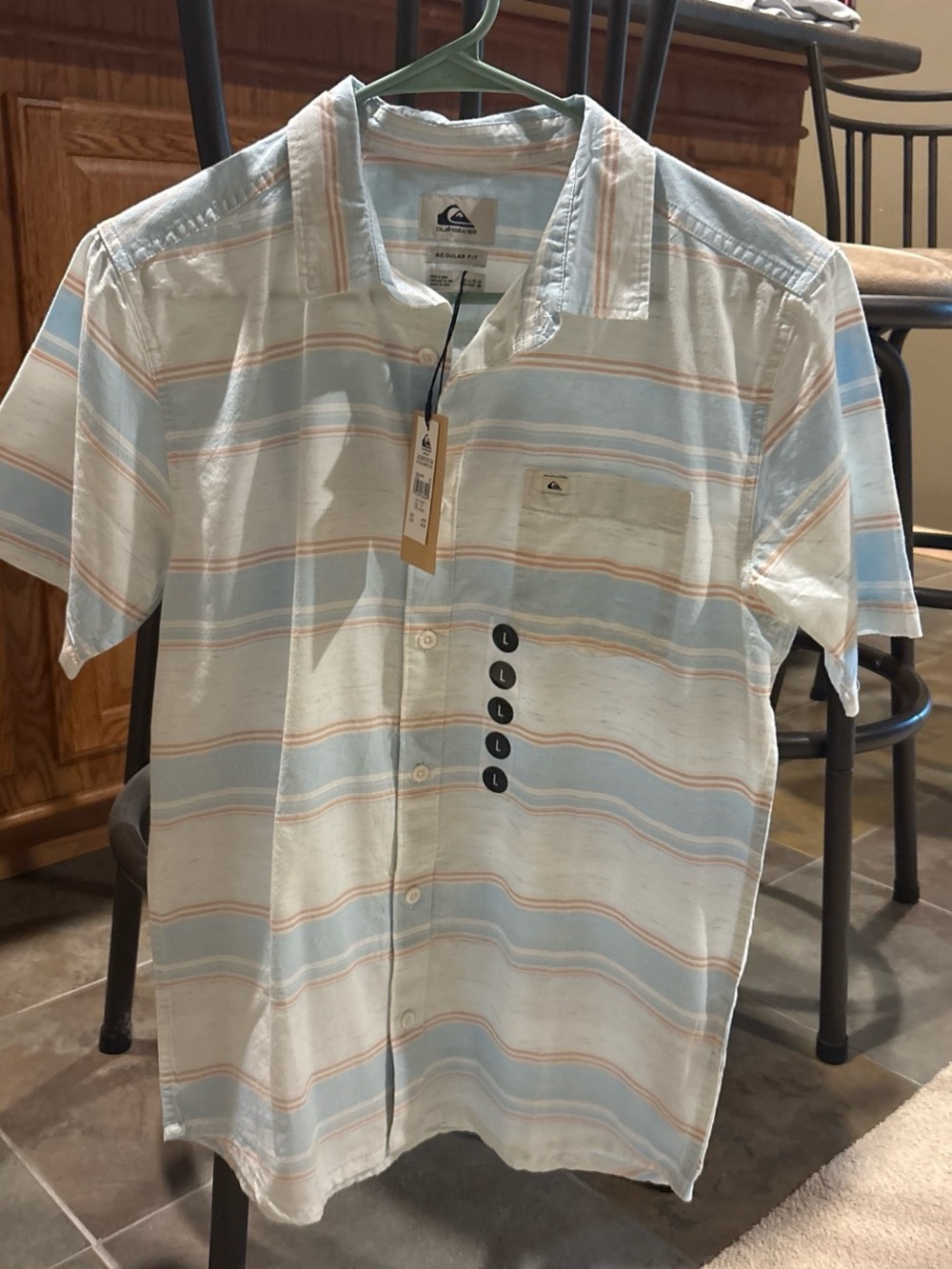Quiksilver boy’s Short-Sleeve Button-Up Shirt in Light Blue and White Stripe